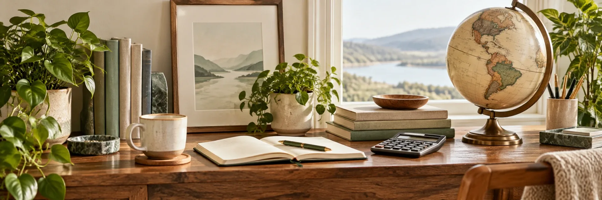 Warm SimpleLifeCalc-inspired workspace with books, notebook, plants, and globe.