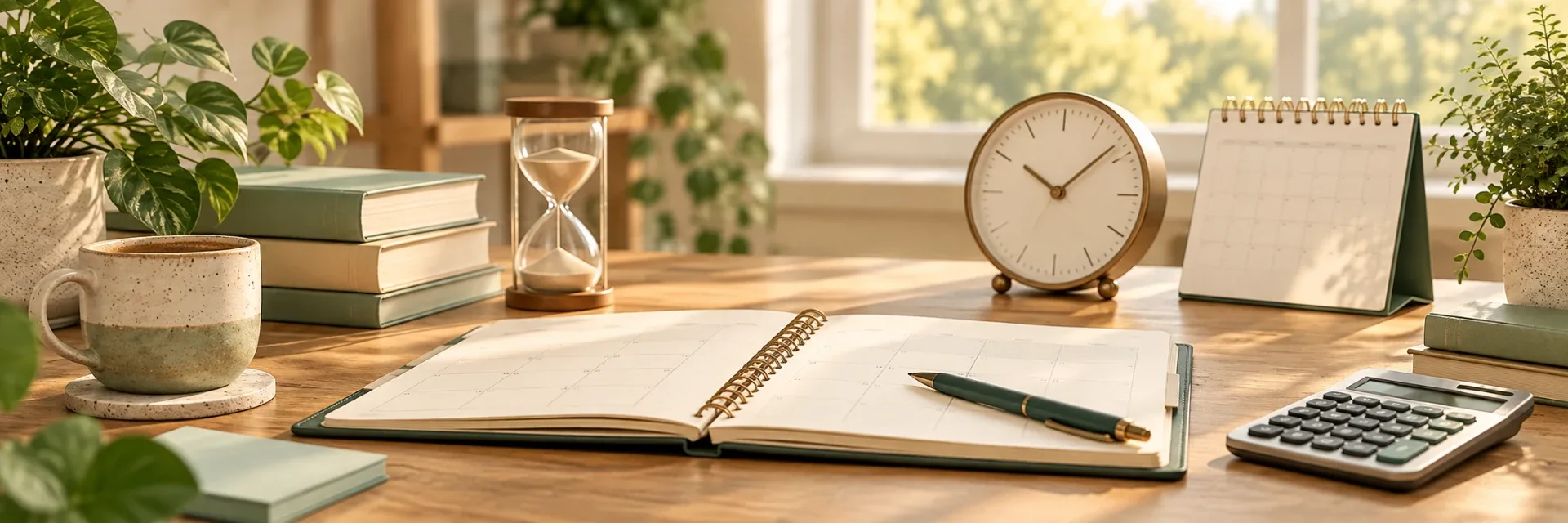 Time and planning workspace with clock, hourglass, planner, and calculator.